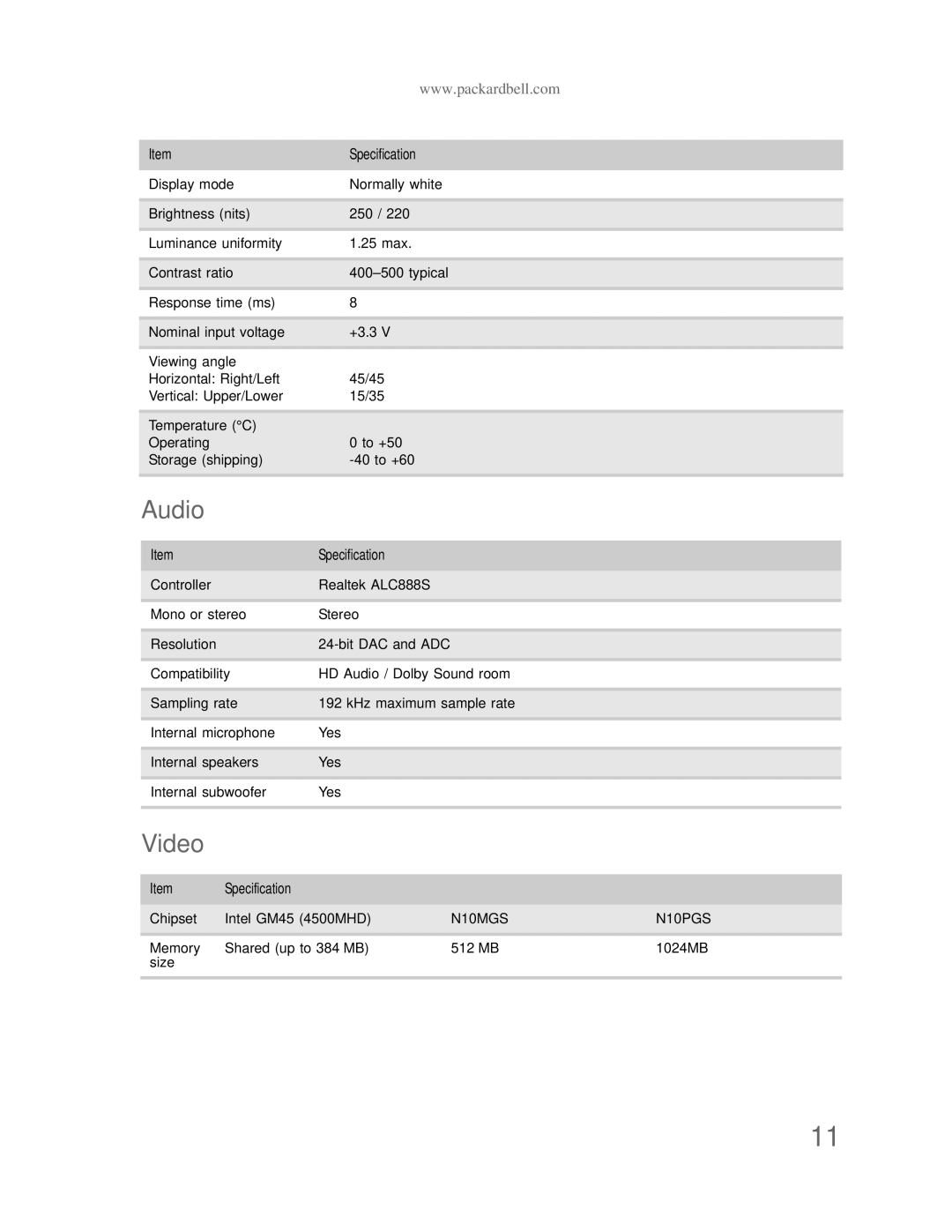 Acer DT85 manual Audio, Video 