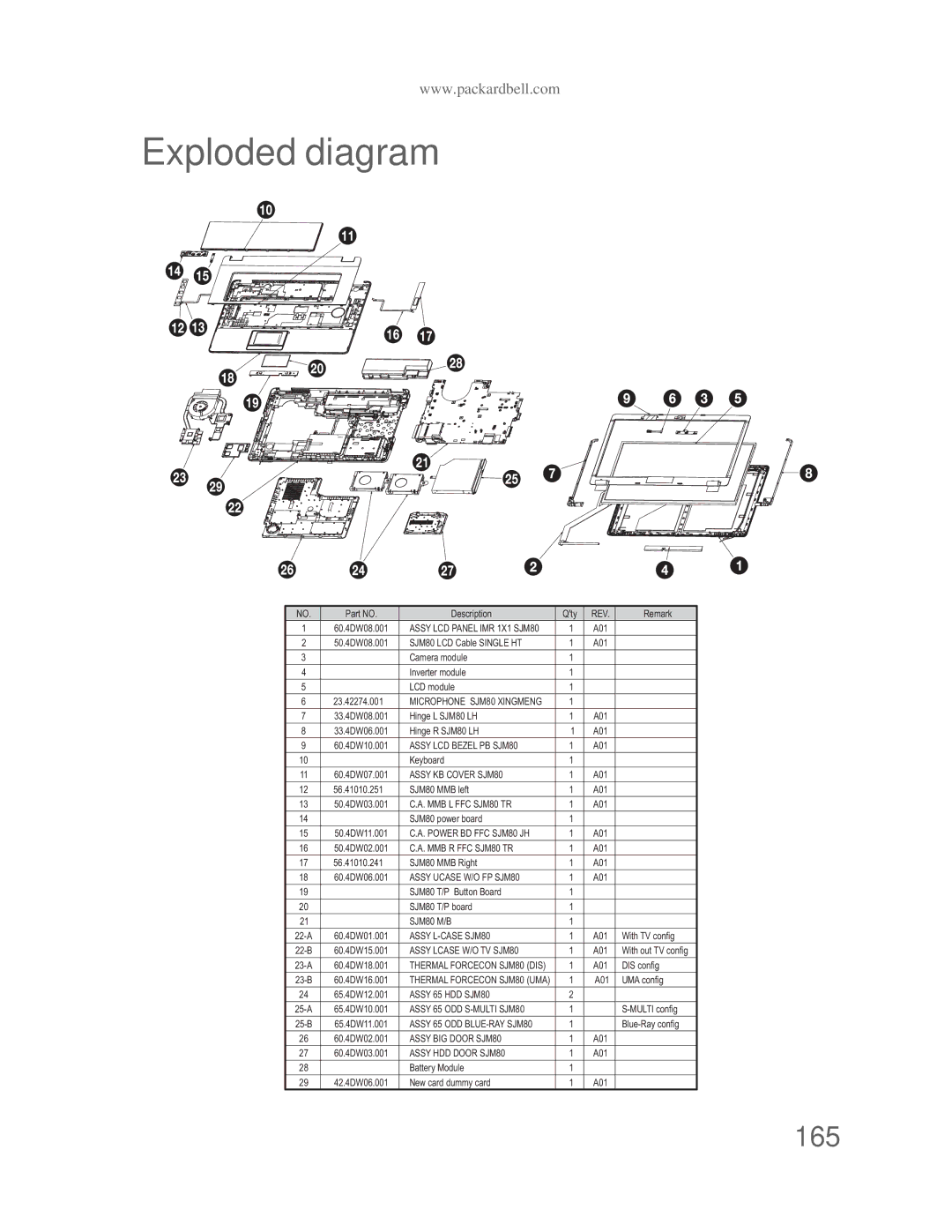 Acer DT85 manual Exploded diagram, 165 