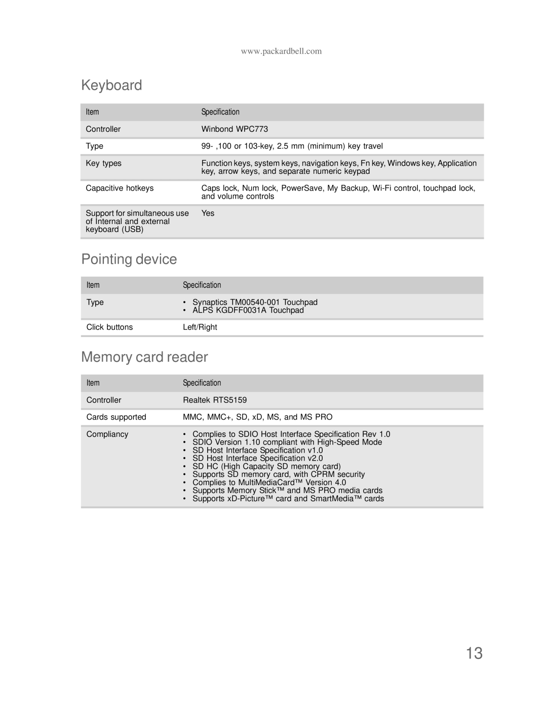 Acer DT85 manual Keyboard, Pointing device, Memory card reader 