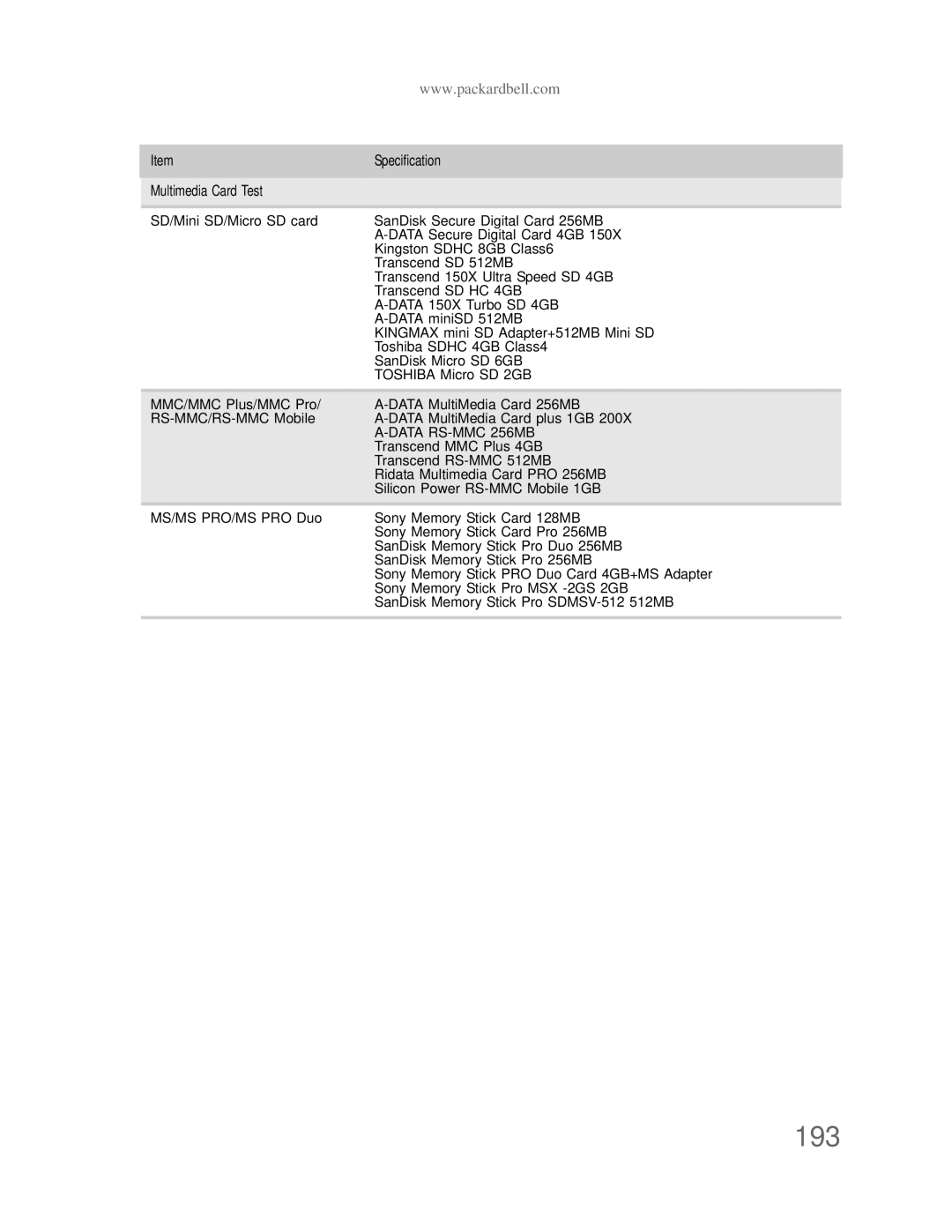 Acer DT85 manual 193, Specification Multimedia Card Test 