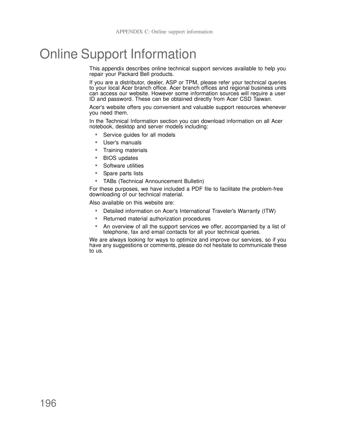 Acer DT85 manual Online Support Information, 196 