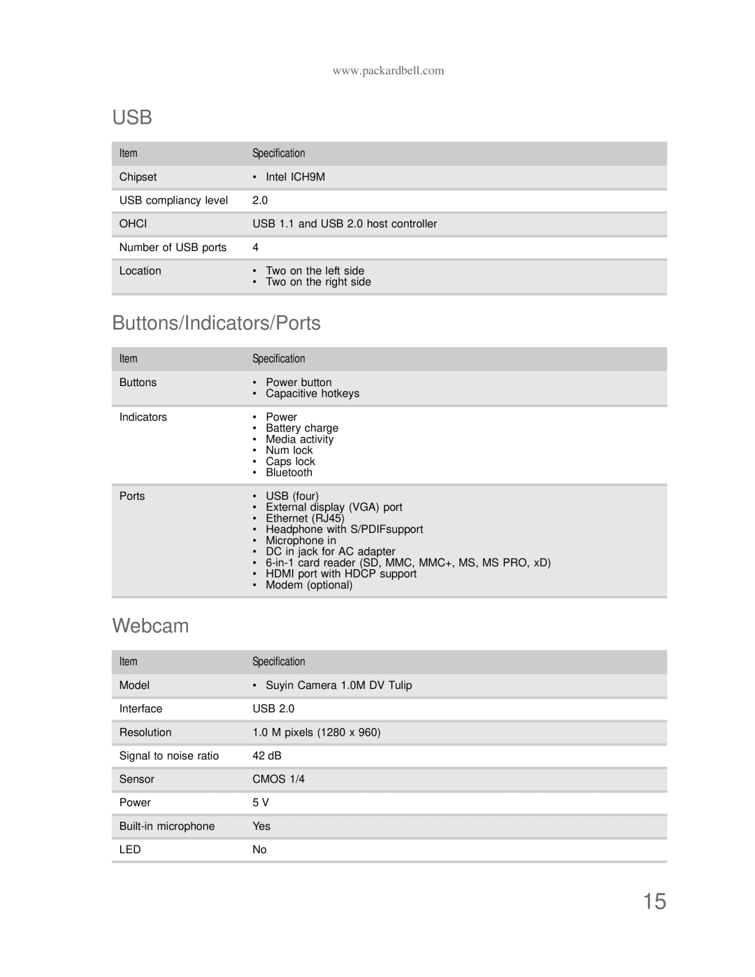 Acer DT85 manual Buttons/Indicators/Ports, Webcam 