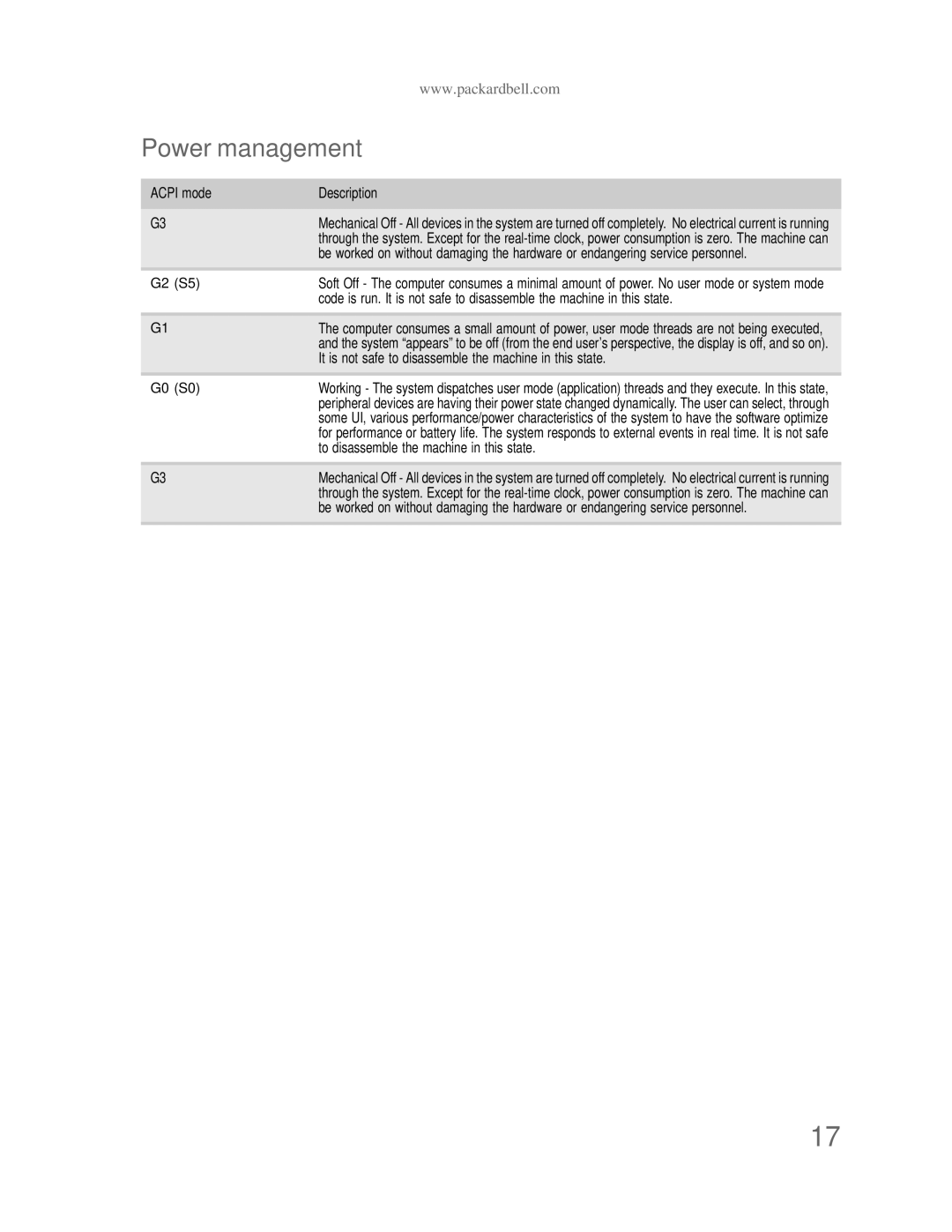 Acer DT85 manual Power management, Acpi mode Description, It is not safe to disassemble the machine in this state 