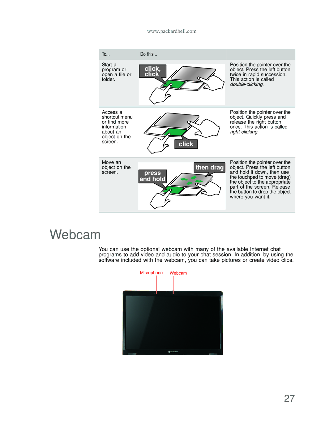 Acer DT85 manual Webcam, Double-clicking 