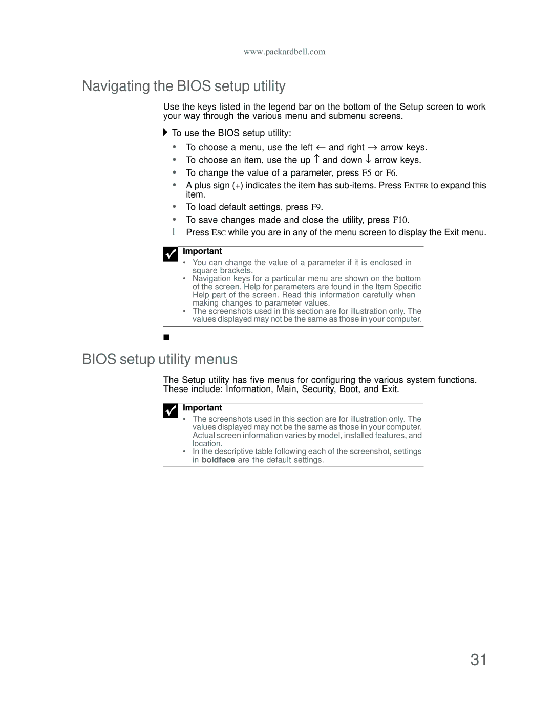 Acer DT85 manual Navigating the Bios setup utility, Bios setup utility menus 