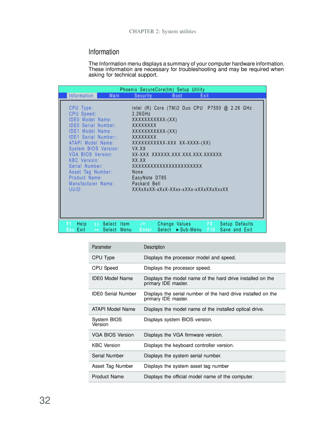 Acer DT85 manual Information, Parameter Description 