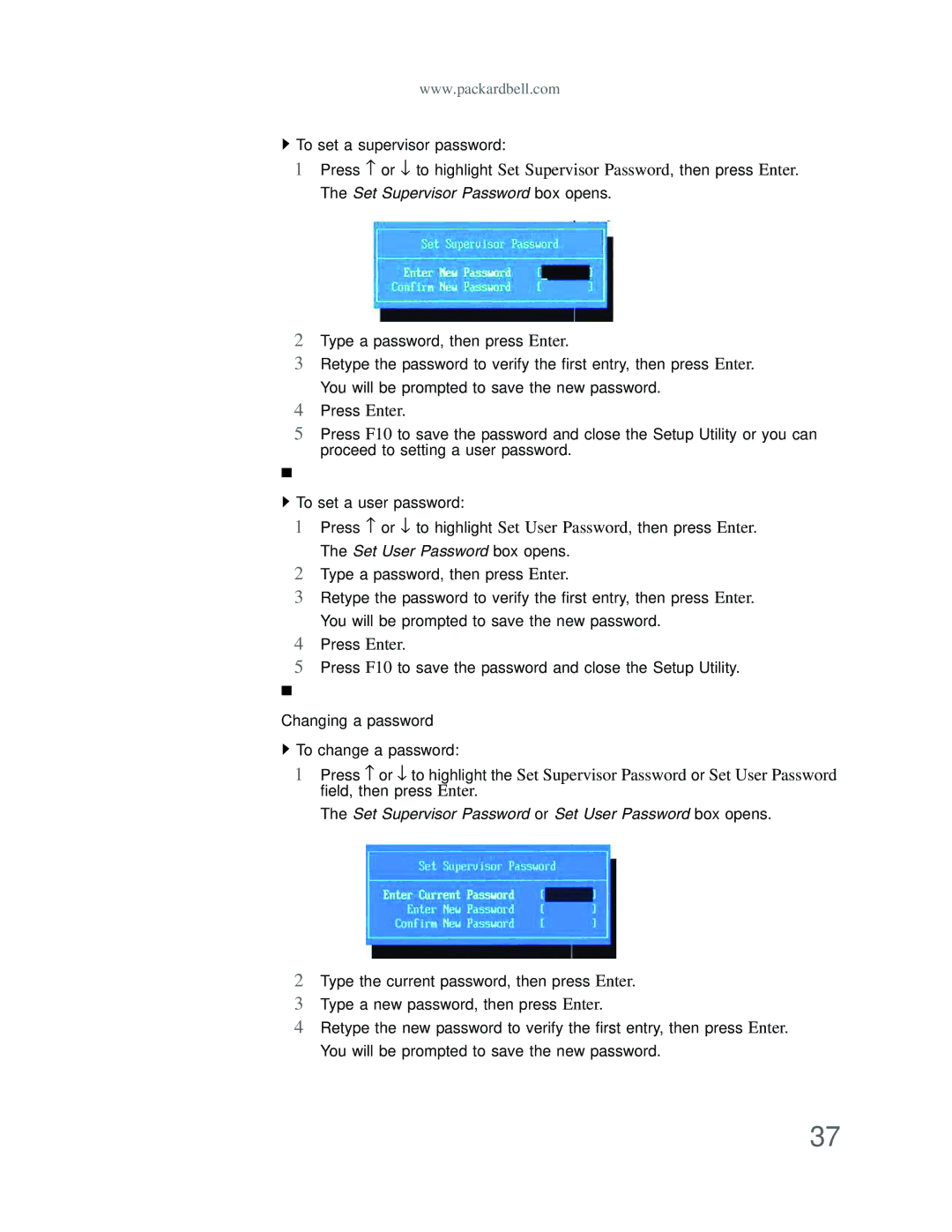 Acer DT85 manual Set Supervisor Password or Set User Password box opens 