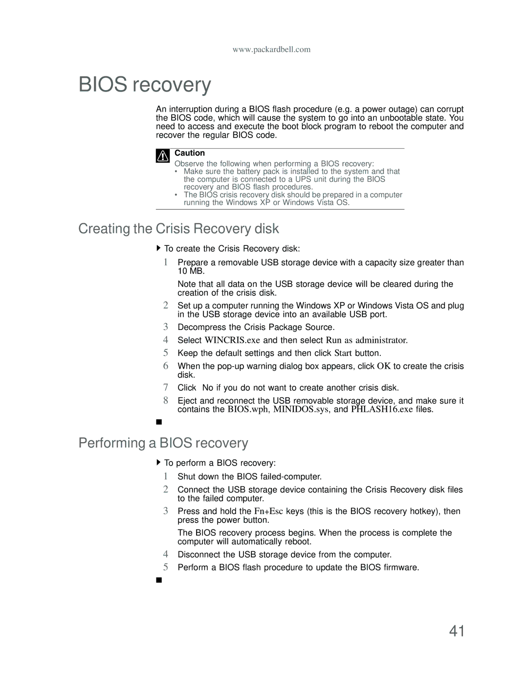 Acer DT85 manual Creating the Crisis Recovery disk, Performing a Bios recovery 