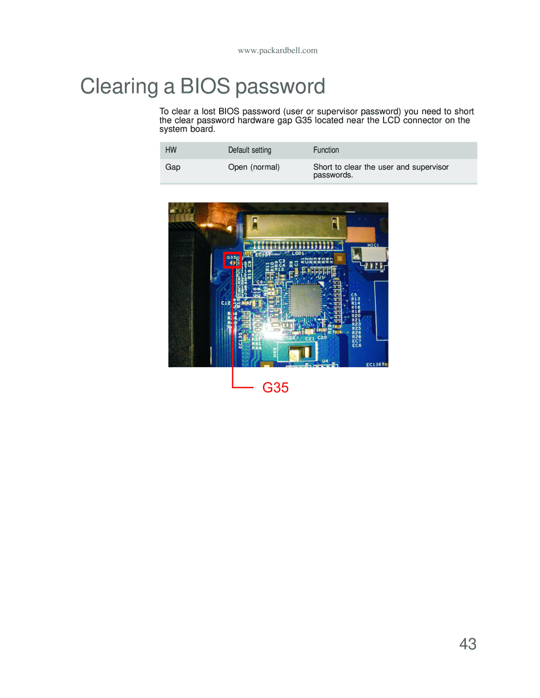 Acer DT85 manual Clearing a Bios password, G35 