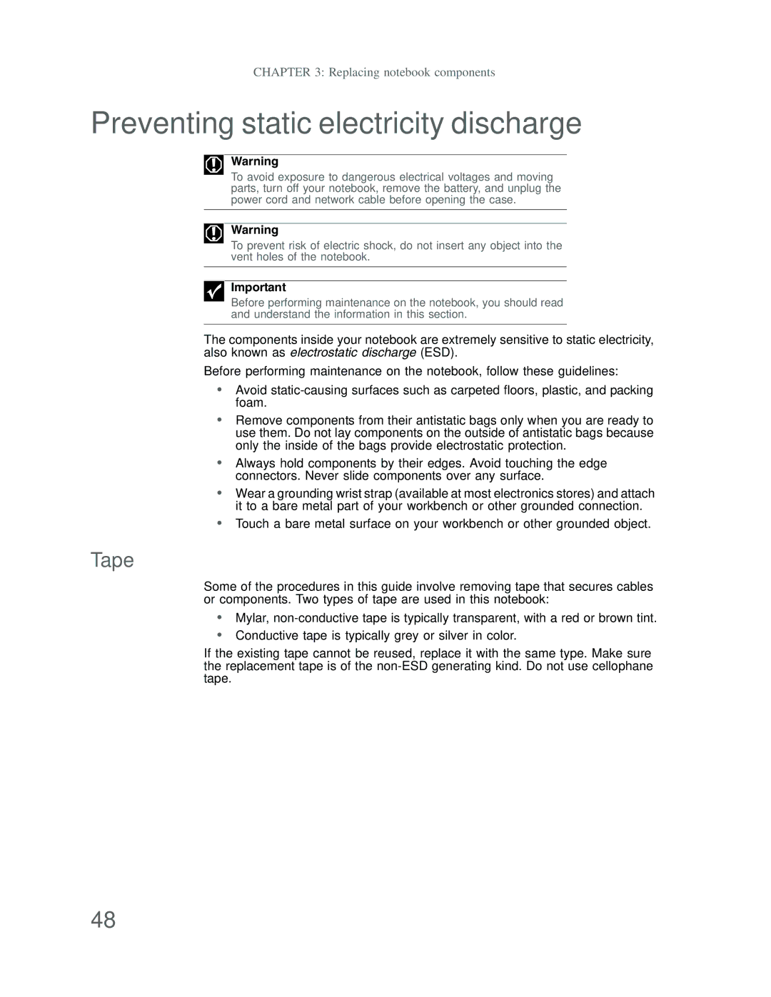 Acer DT85 manual Preventing static electricity discharge, Tape 