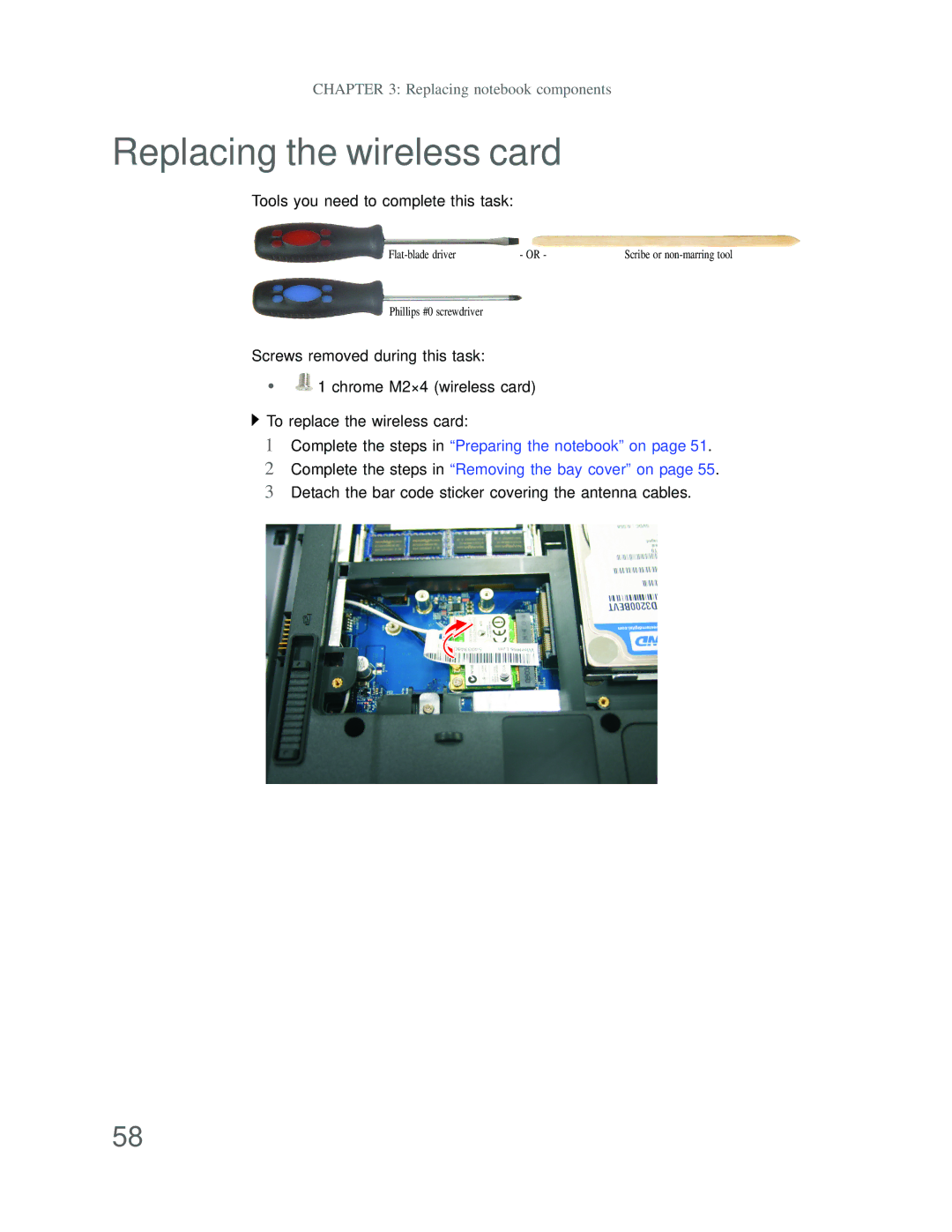 Acer DT85 manual Replacing the wireless card, Detach the bar code sticker covering the antenna cables 