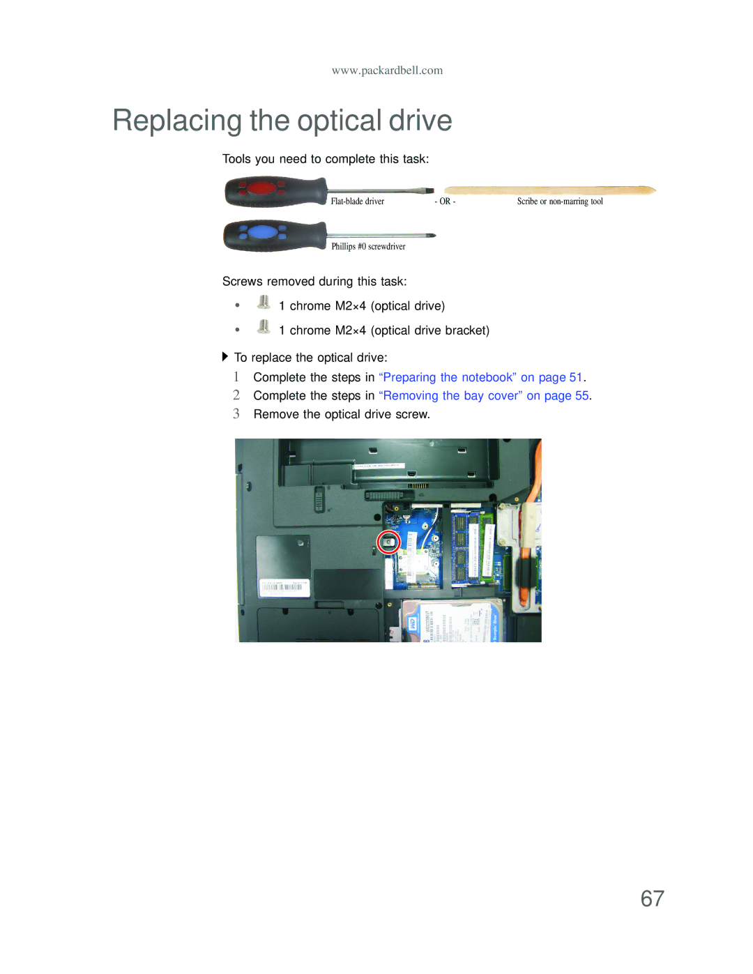 Acer DT85 manual Replacing the optical drive, Remove the optical drive screw 