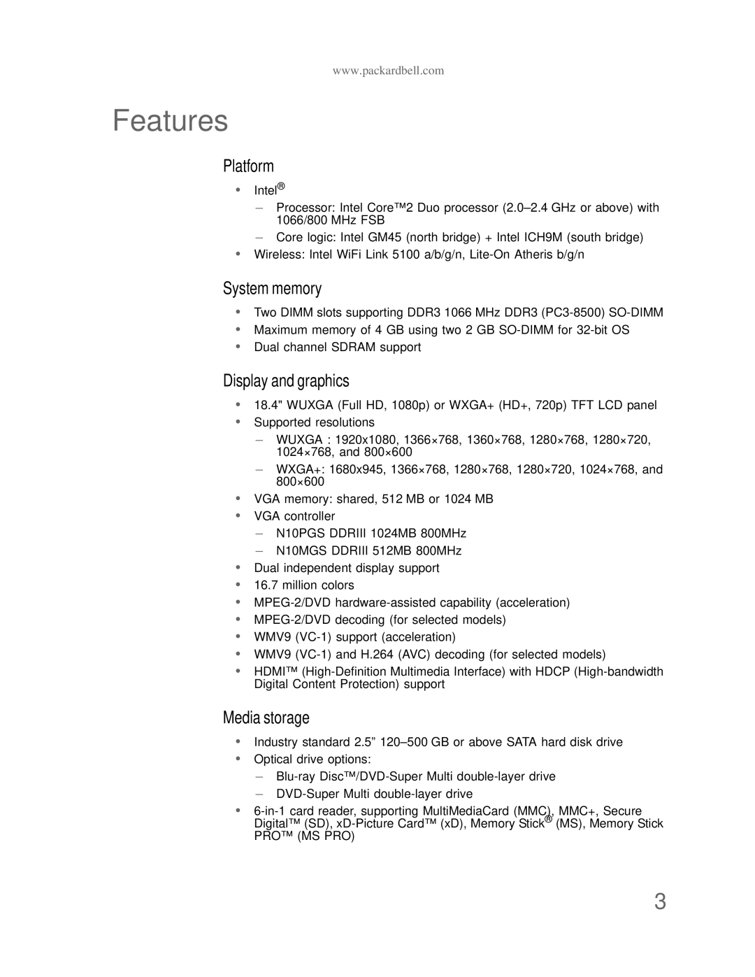 Acer DT85 manual Features, Platform 