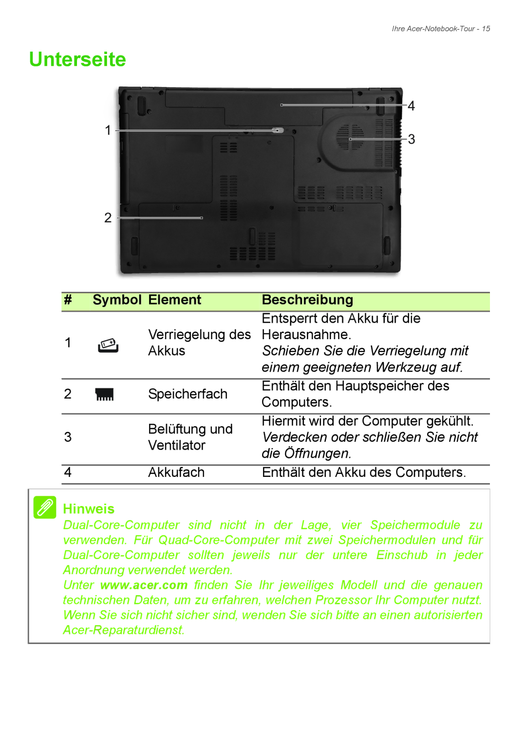 Acer E1-772G, E1-732G manual Unterseite, # Symbol Element 