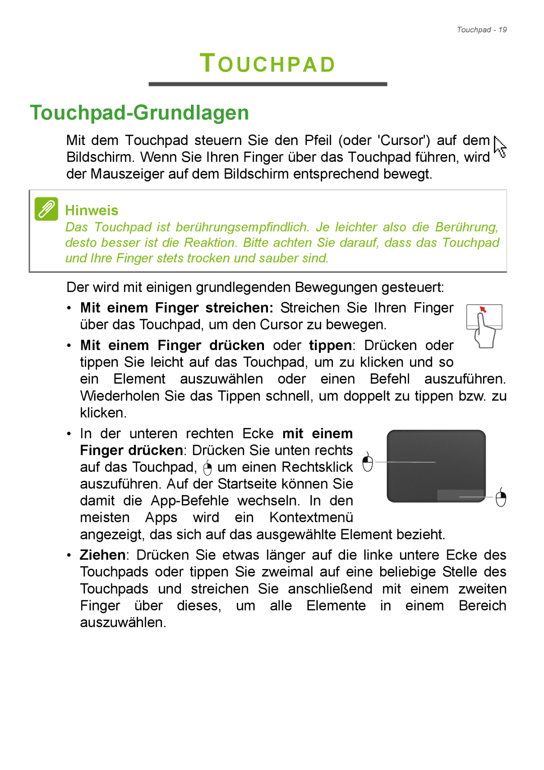 Acer E1-772G, E1-732G manual Touchpad-Grundlagen 