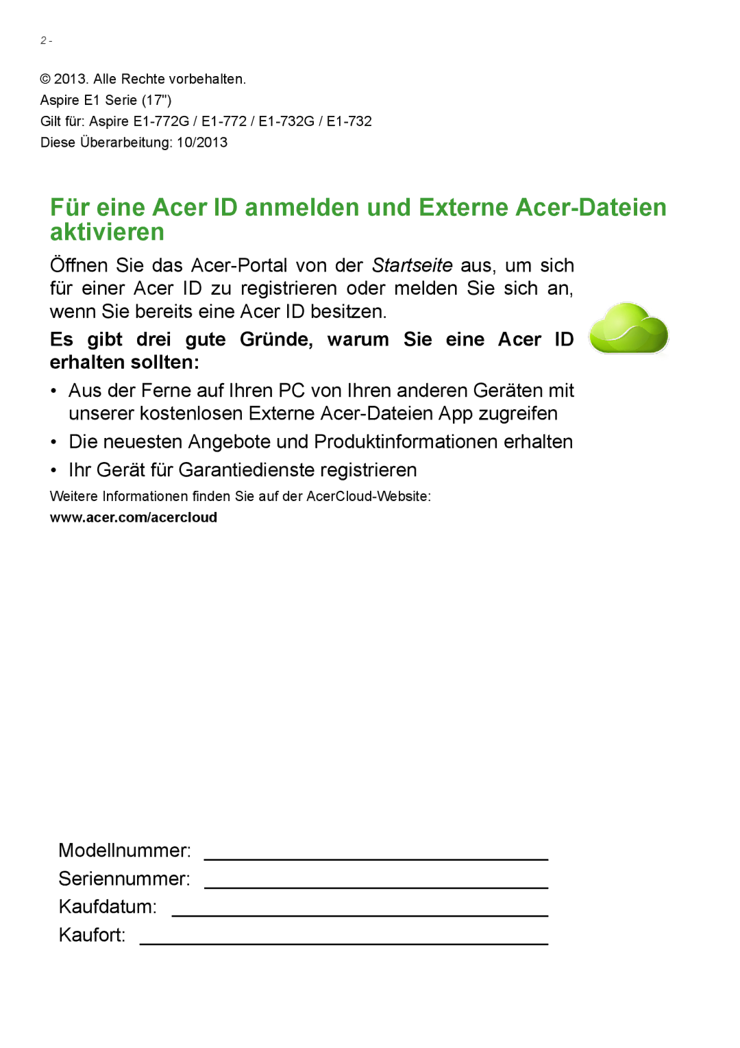 Acer E1-732G, E1-772G manual Modellnummer Seriennummer Kaufdatum Kaufort 