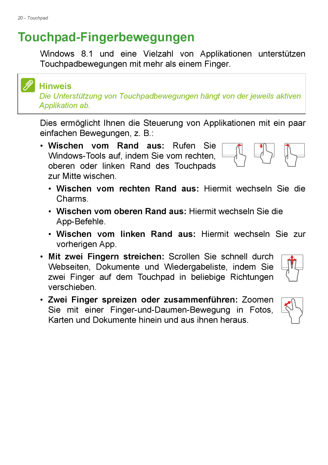 Acer E1-772G, E1-732G manual Touchpad-Fingerbewegungen 