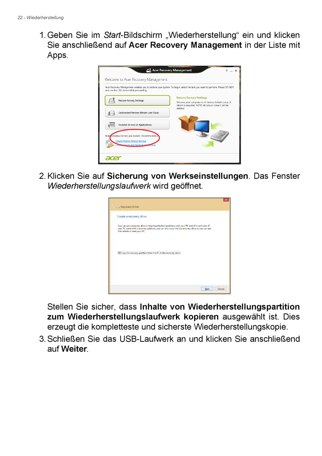 Acer E1-732G, E1-772G manual Wiederherstellung 