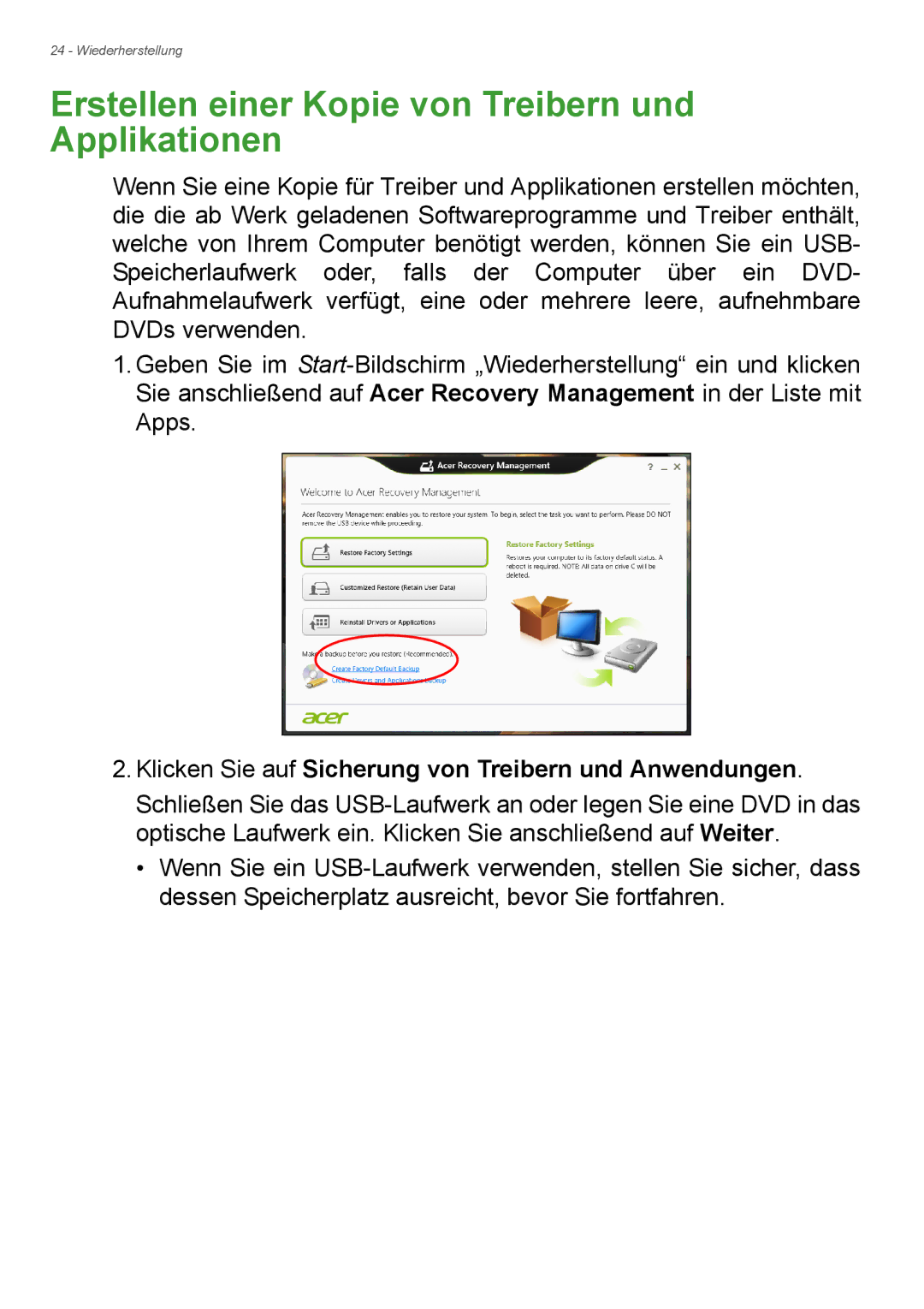 Acer E1-732 Erstellen einer Kopie von Treibern und Applikationen, Klicken Sie auf Sicherung von Treibern und Anwendungen 