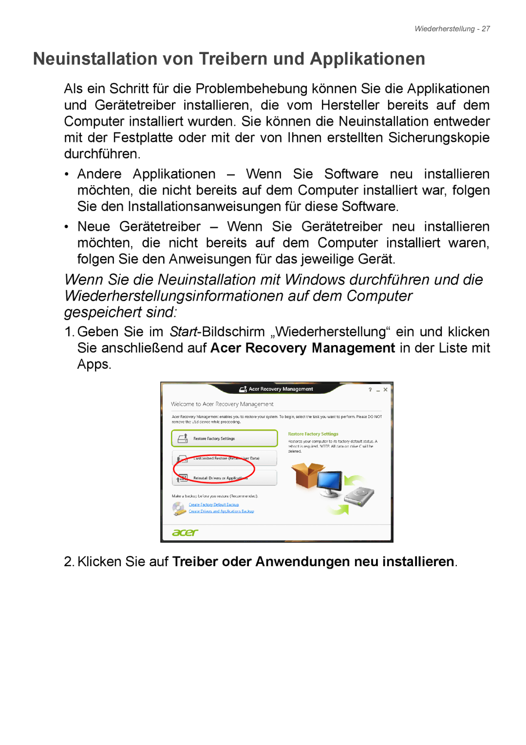 Acer E1-772 Neuinstallation von Treibern und Applikationen, Klicken Sie auf Treiber oder Anwendungen neu installieren 