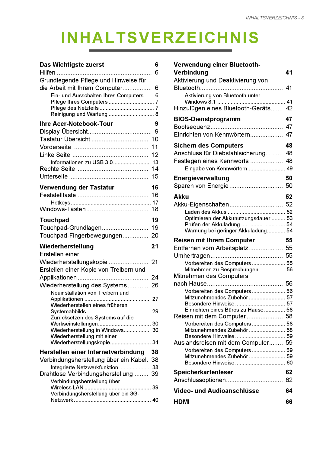 Acer E1-772G, E1-732G manual Inhaltsverzeichnis 