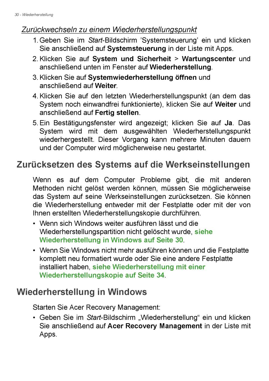 Acer E1-732G, E1-772G manual Zurücksetzen des Systems auf die Werkseinstellungen, Wiederherstellung in Windows 