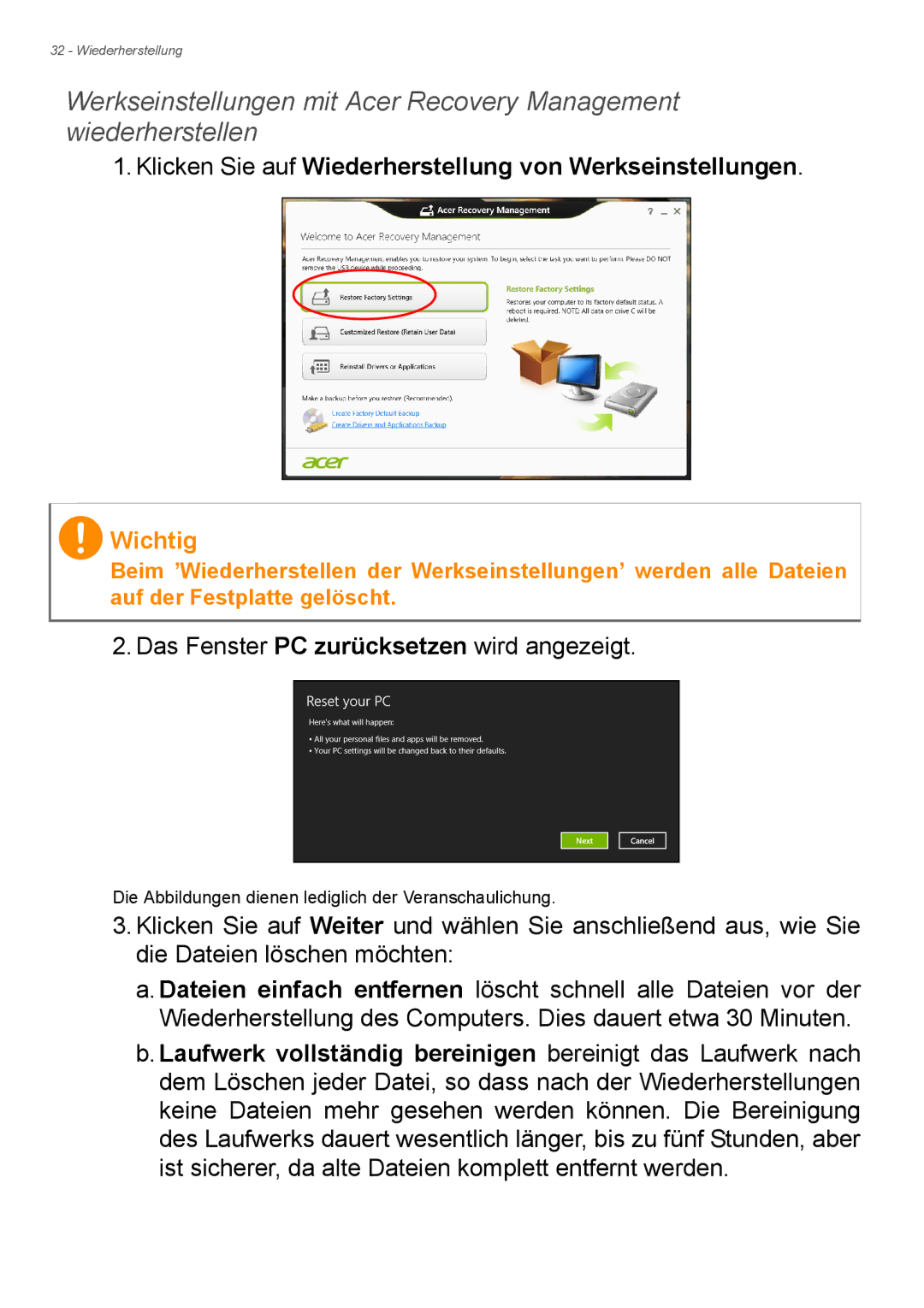 Acer E1-772G, E1-732G manual Klicken Sie auf Wiederherstellung von Werkseinstellungen 