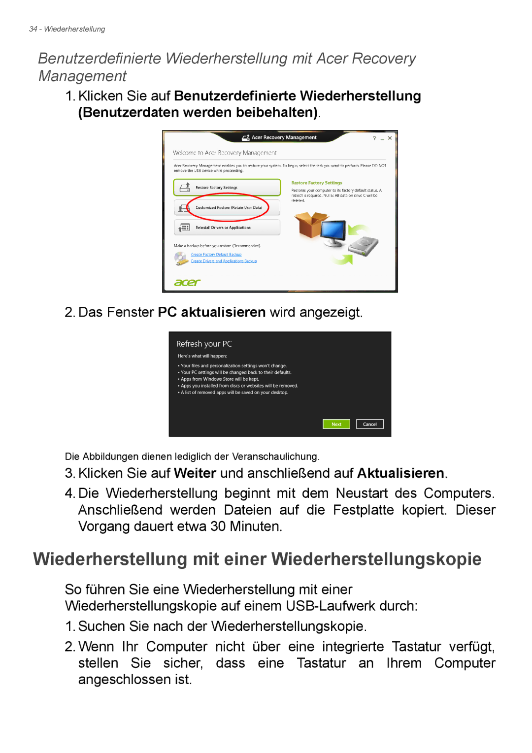 Acer E1-732G, E1-772G manual Wiederherstellung mit einer Wiederherstellungskopie 