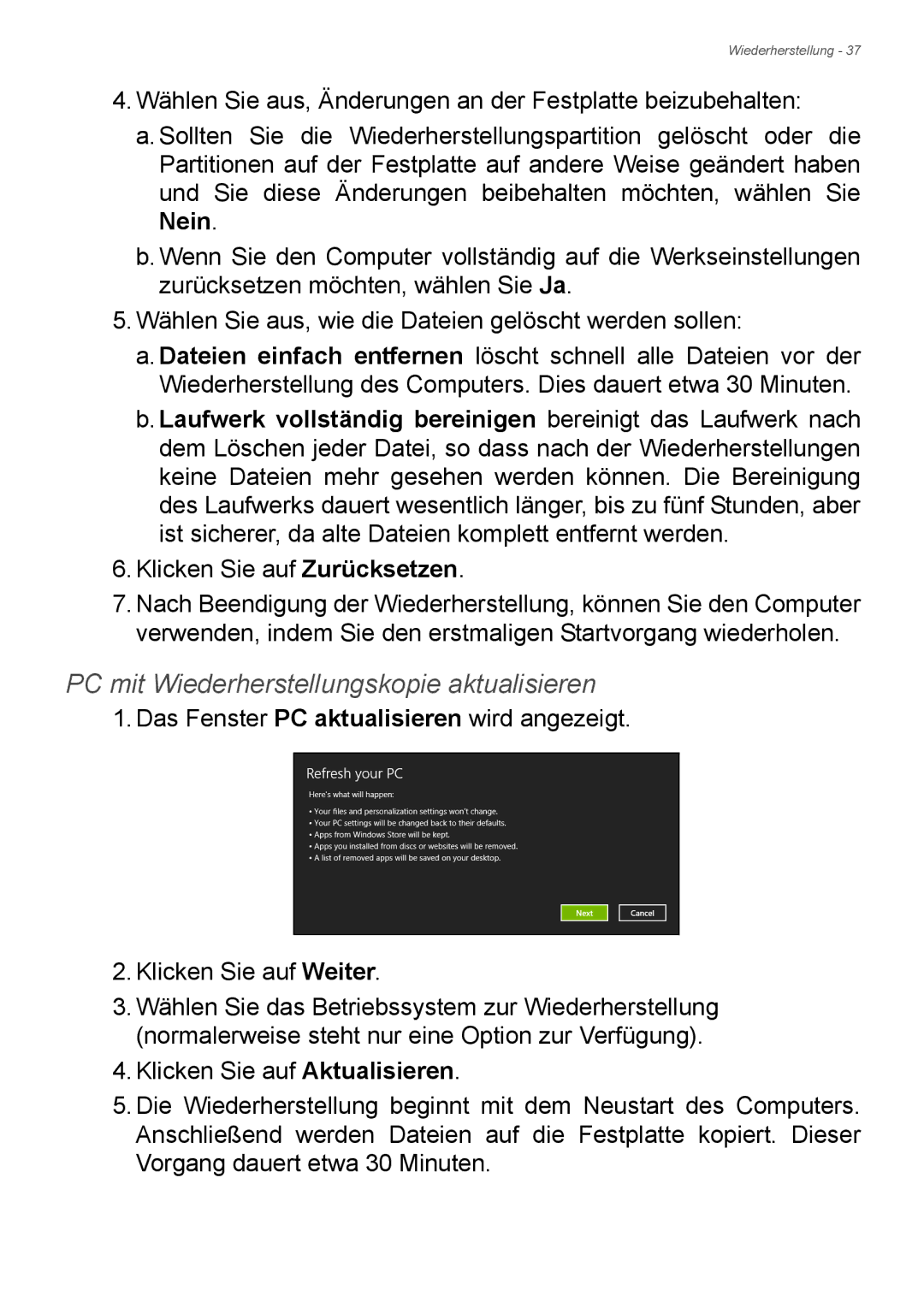 Acer E1-772G, E1-732G manual PC mit Wiederherstellungskopie aktualisieren 