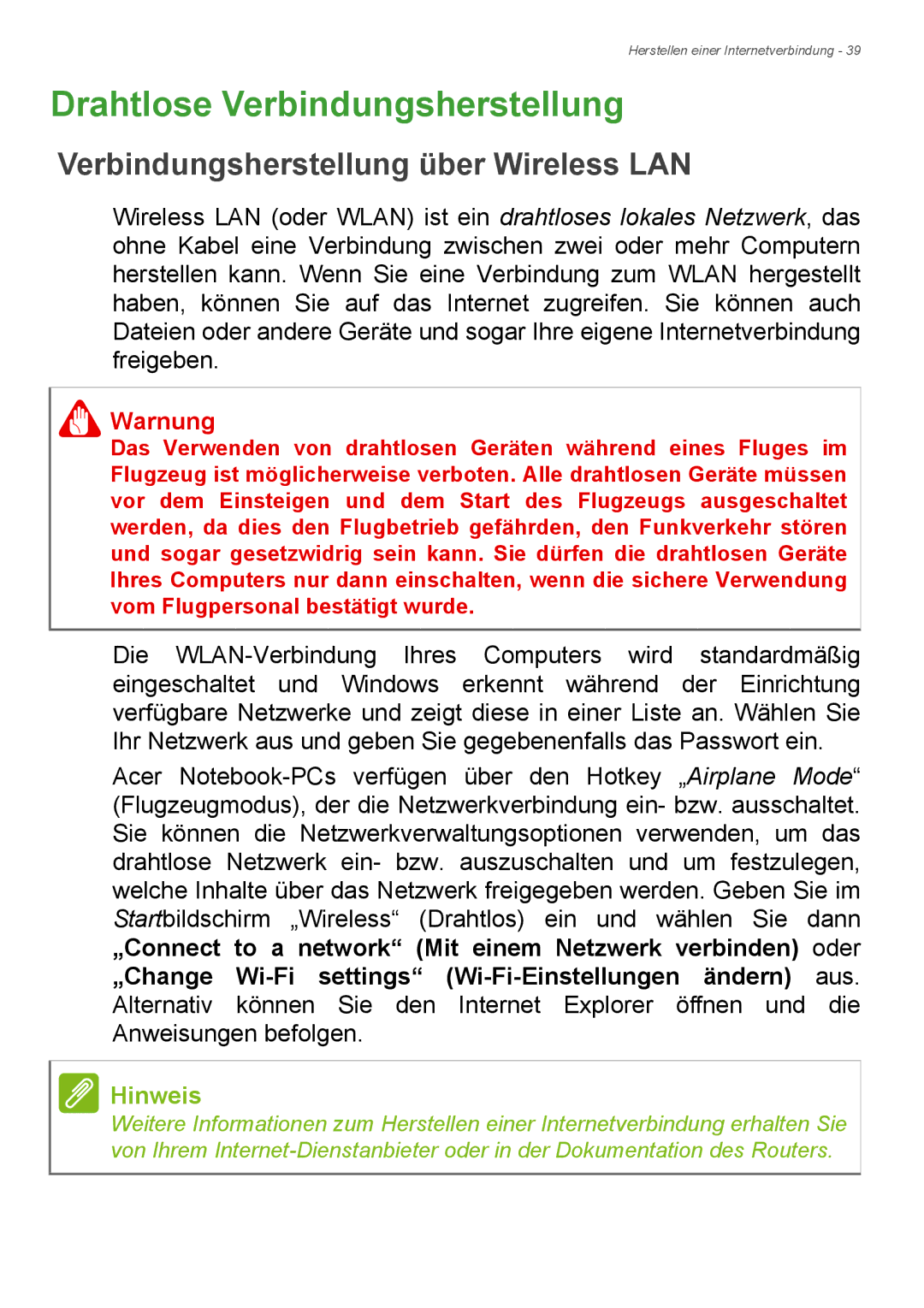 Acer E1-772G, E1-732G manual Drahtlose Verbindungsherstellung, Verbindungsherstellung über Wireless LAN 