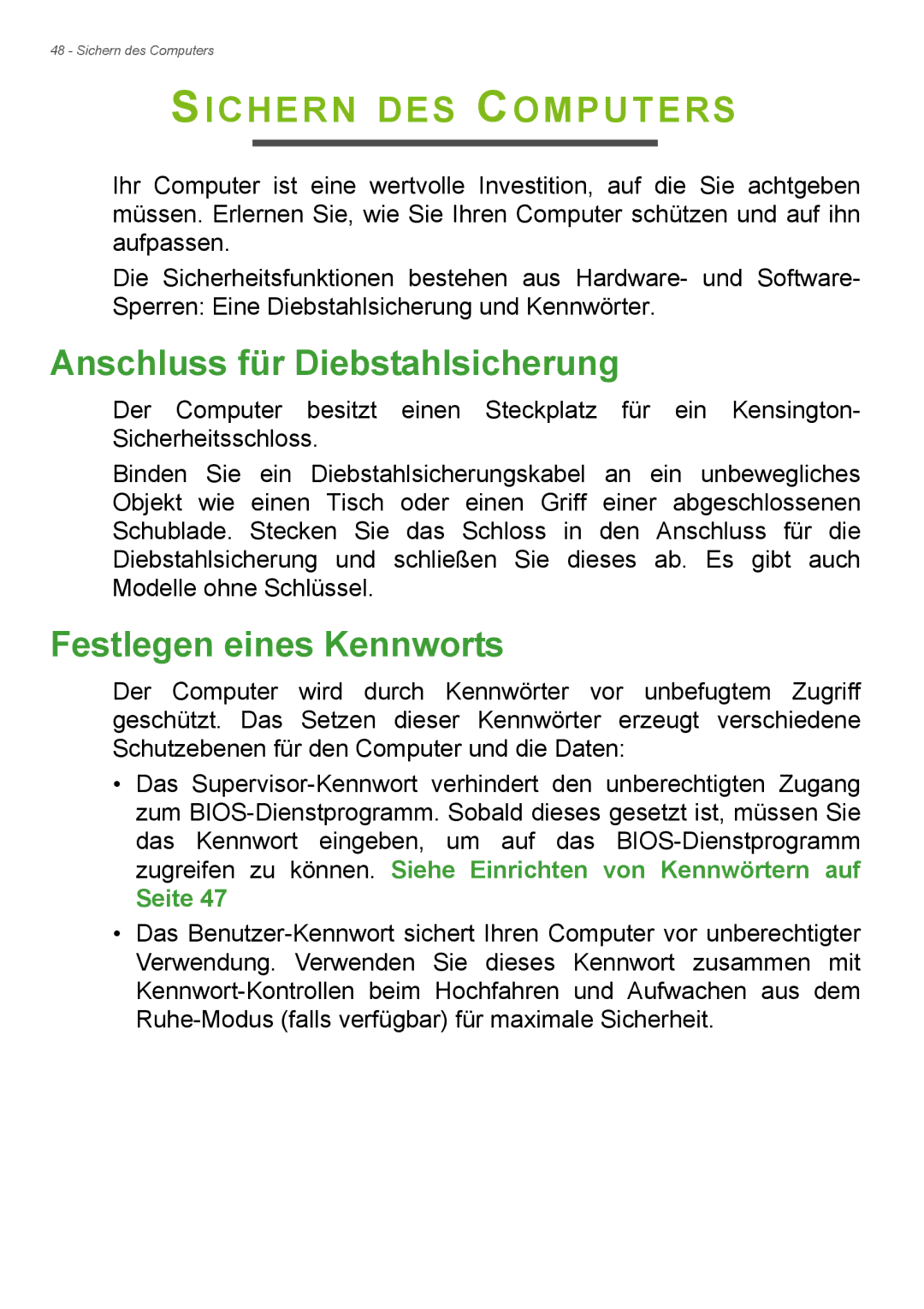 Acer E1-772G, E1-732G manual Sichern DES Computers, Anschluss für Diebstahlsicherung, Festlegen eines Kennworts 