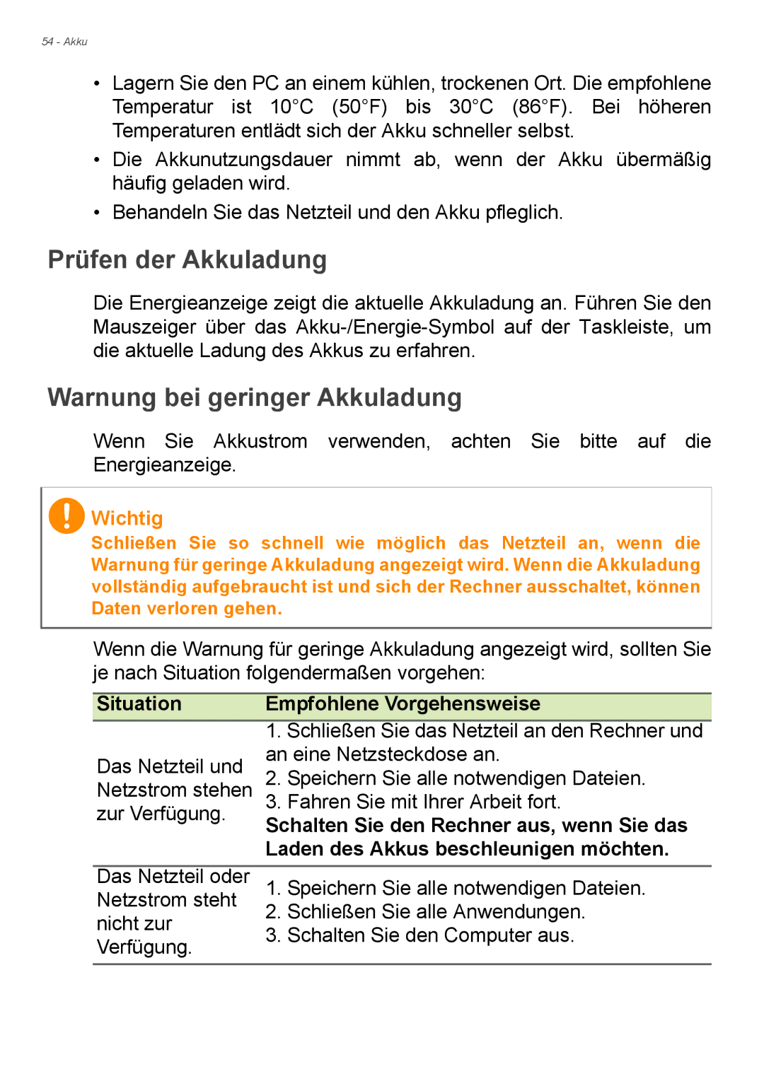 Acer E1-732G, E1-772G manual Prüfen der Akkuladung, Warnung bei geringer Akkuladung, Situation Empfohlene Vorgehensweise 