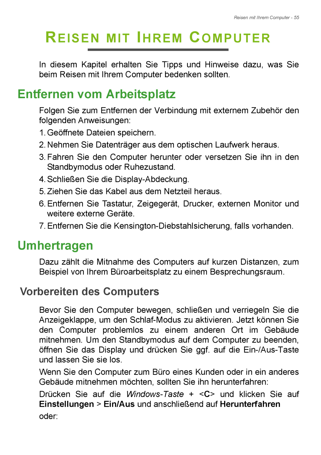 Acer E1-732, E1-772G manual Reisen MIT Ihrem Computer, Entfernen vom Arbeitsplatz, Umhertragen, Vorbereiten des Computers 