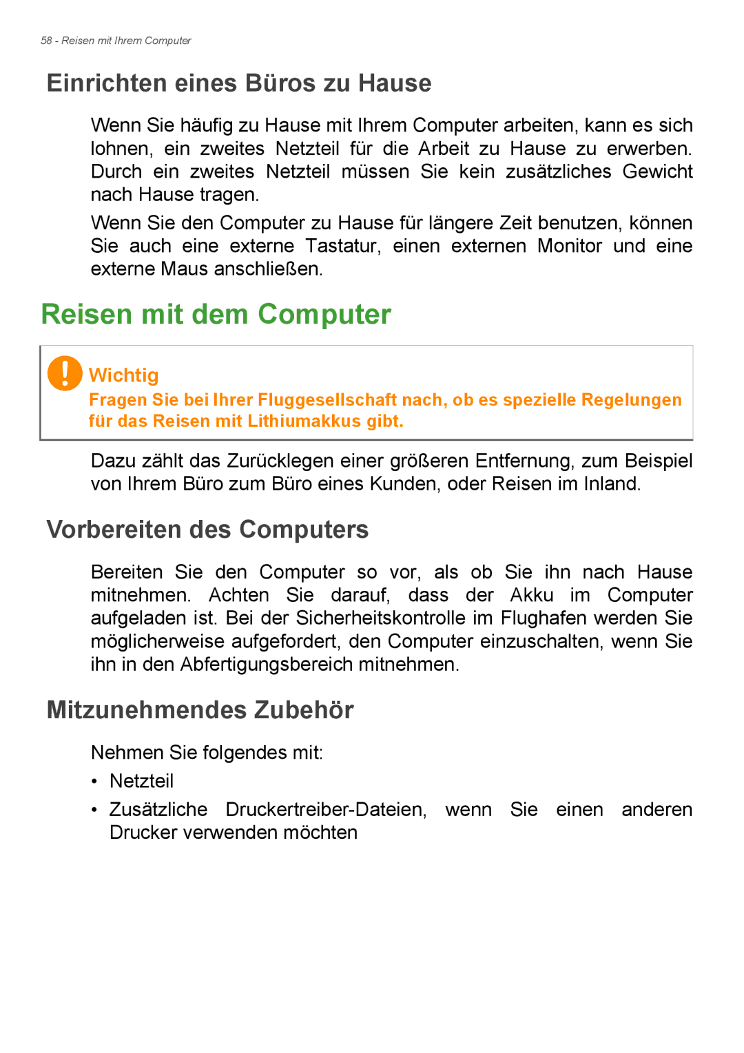 Acer E1-732G, E1-772G manual Reisen mit dem Computer, Einrichten eines Büros zu Hause 