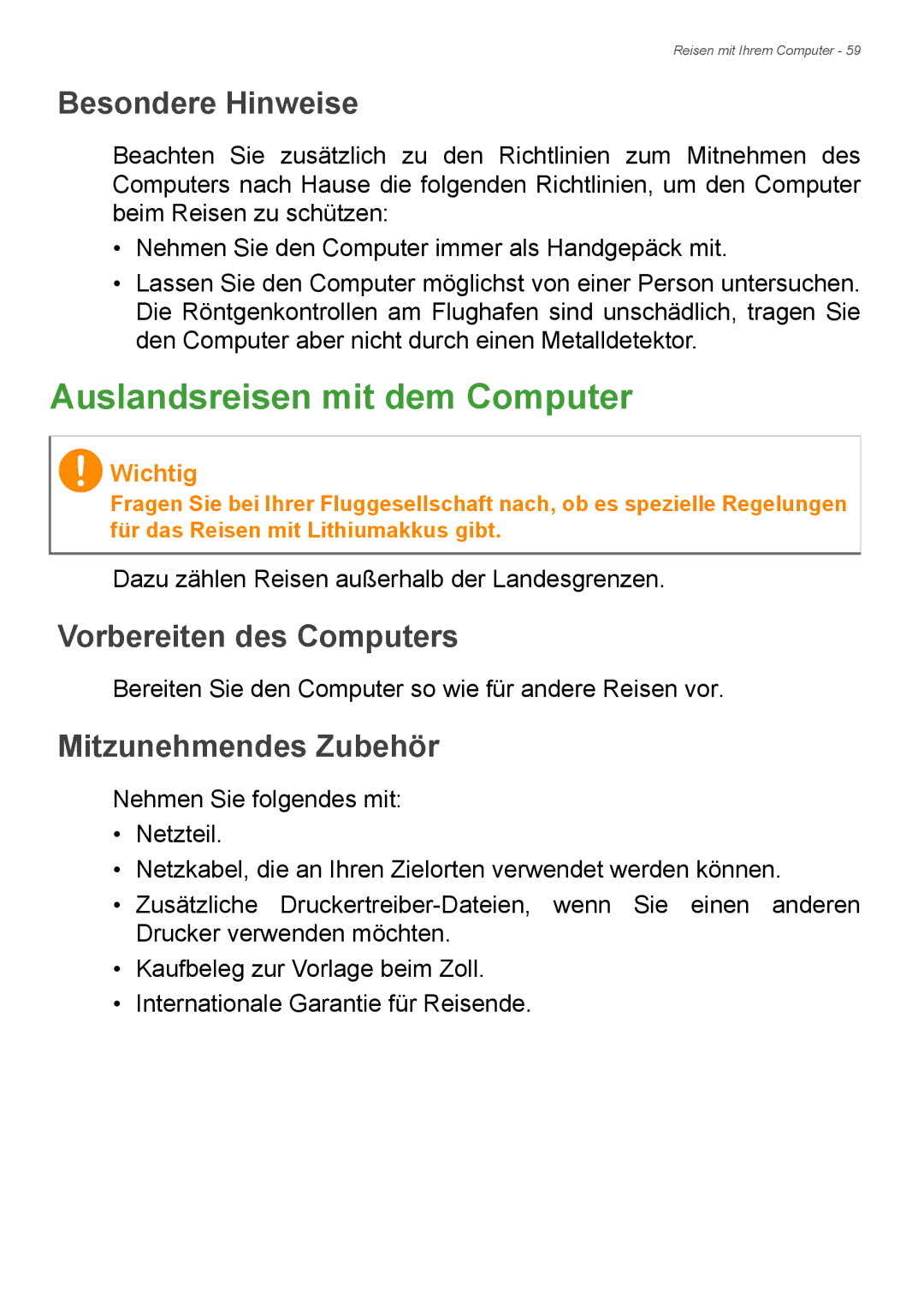 Acer E1-772G, E1-732G manual Auslandsreisen mit dem Computer 