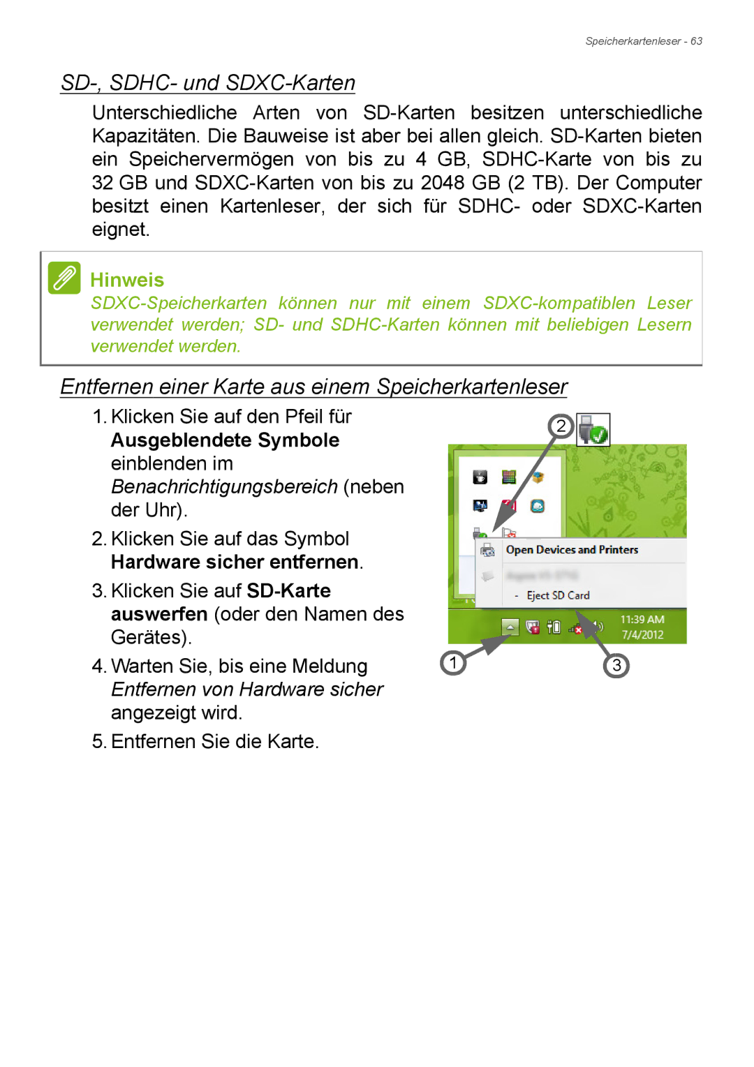 Acer E1-772, E1-732 SD-, SDHC- und SDXC-Karten, Entfernen einer Karte aus einem Speicherkartenleser, Ausgeblendete Symbole 