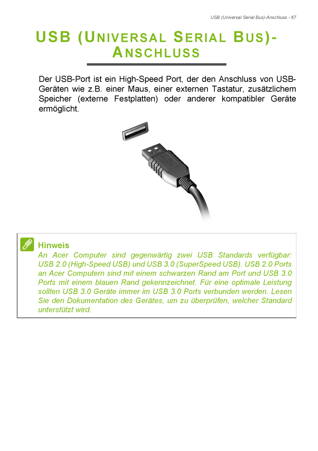 Acer E1-772G, E1-732G manual USB Universal Serial BUS Anschluss 