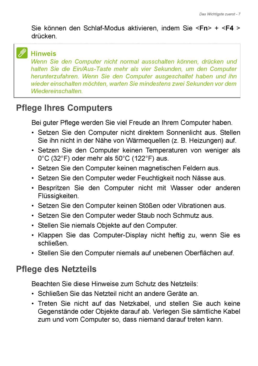 Acer E1-772G, E1-732G manual Pflege Ihres Computers, Pflege des Netzteils 