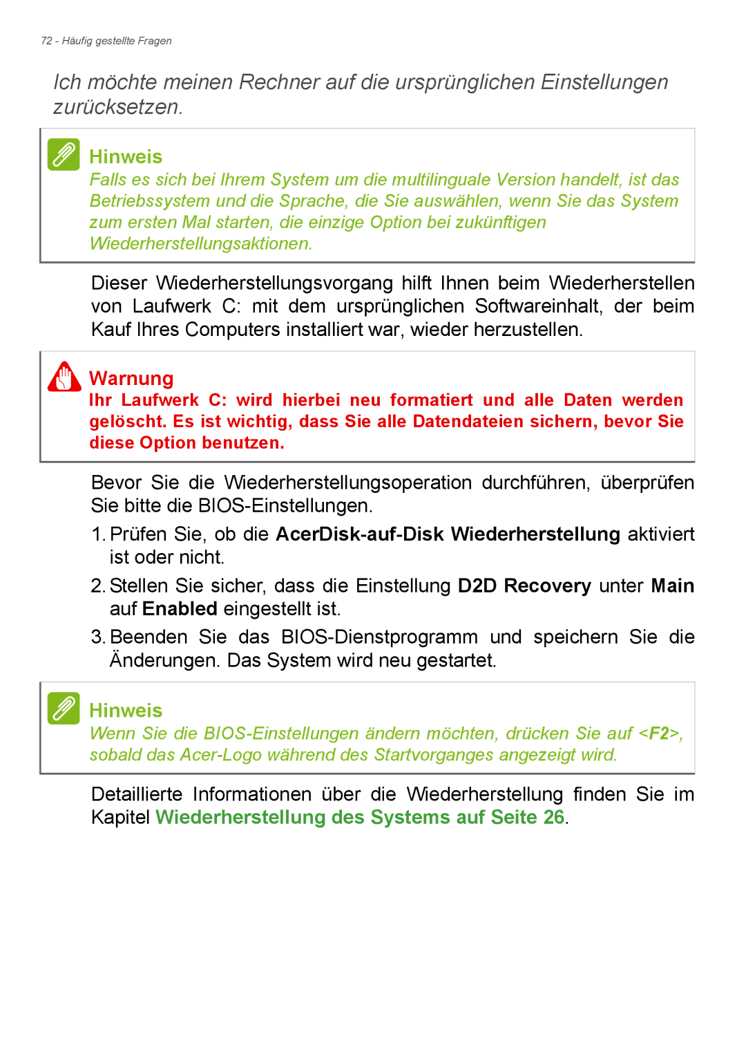 Acer E1-772G, E1-732G manual 72 Häufig gestellte Fragen 