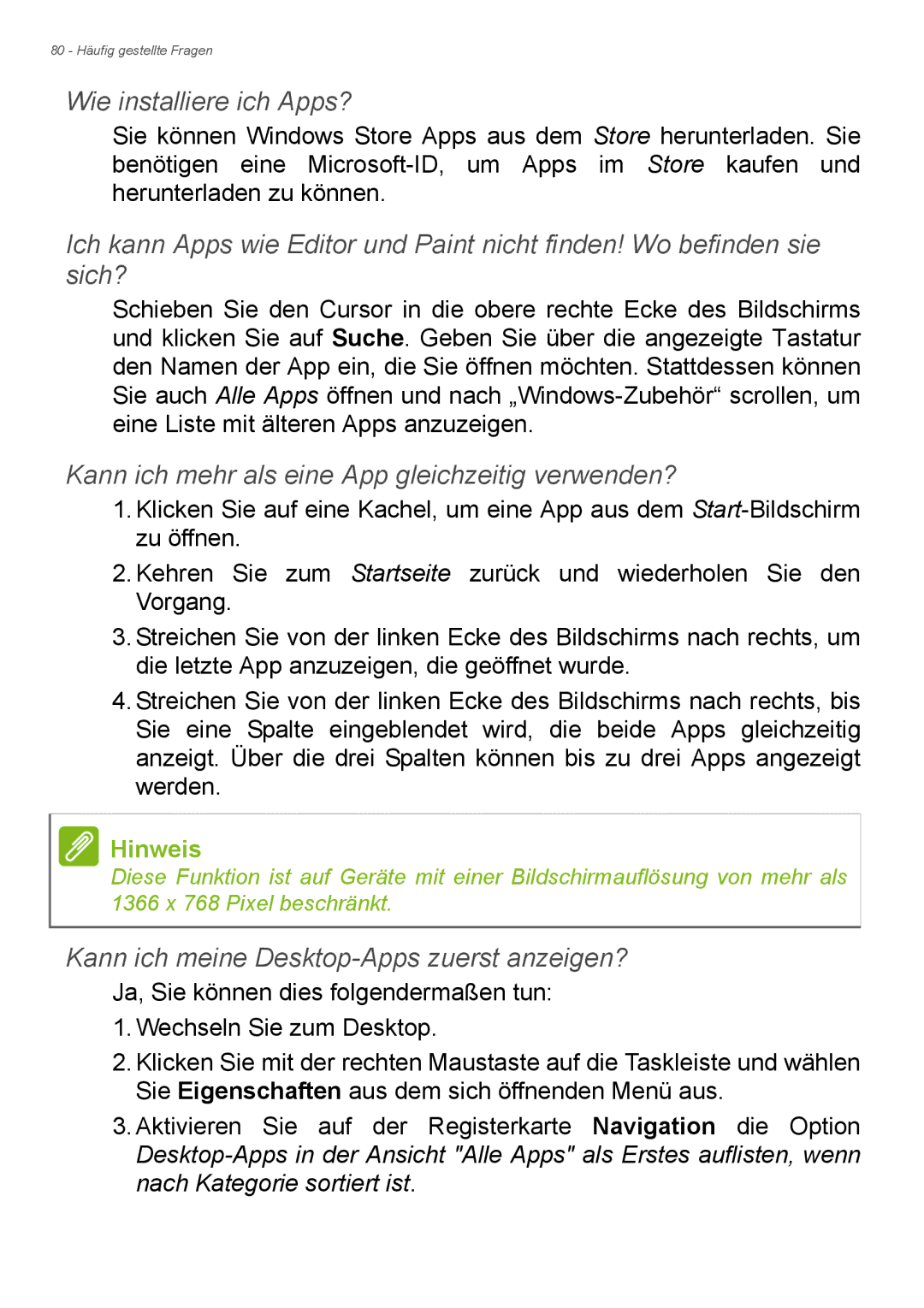 Acer E1-772G, E1-732G manual Wie installiere ich Apps?, Kann ich mehr als eine App gleichzeitig verwenden? 