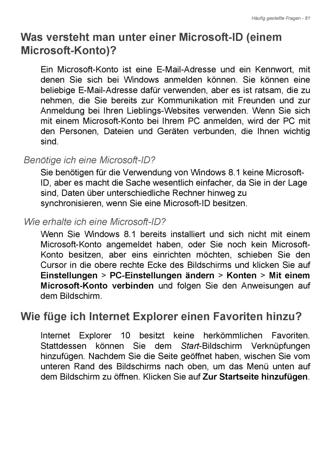 Acer E1-772G, E1-732G manual Wie füge ich Internet Explorer einen Favoriten hinzu?, Benötige ich eine Microsoft-ID? 