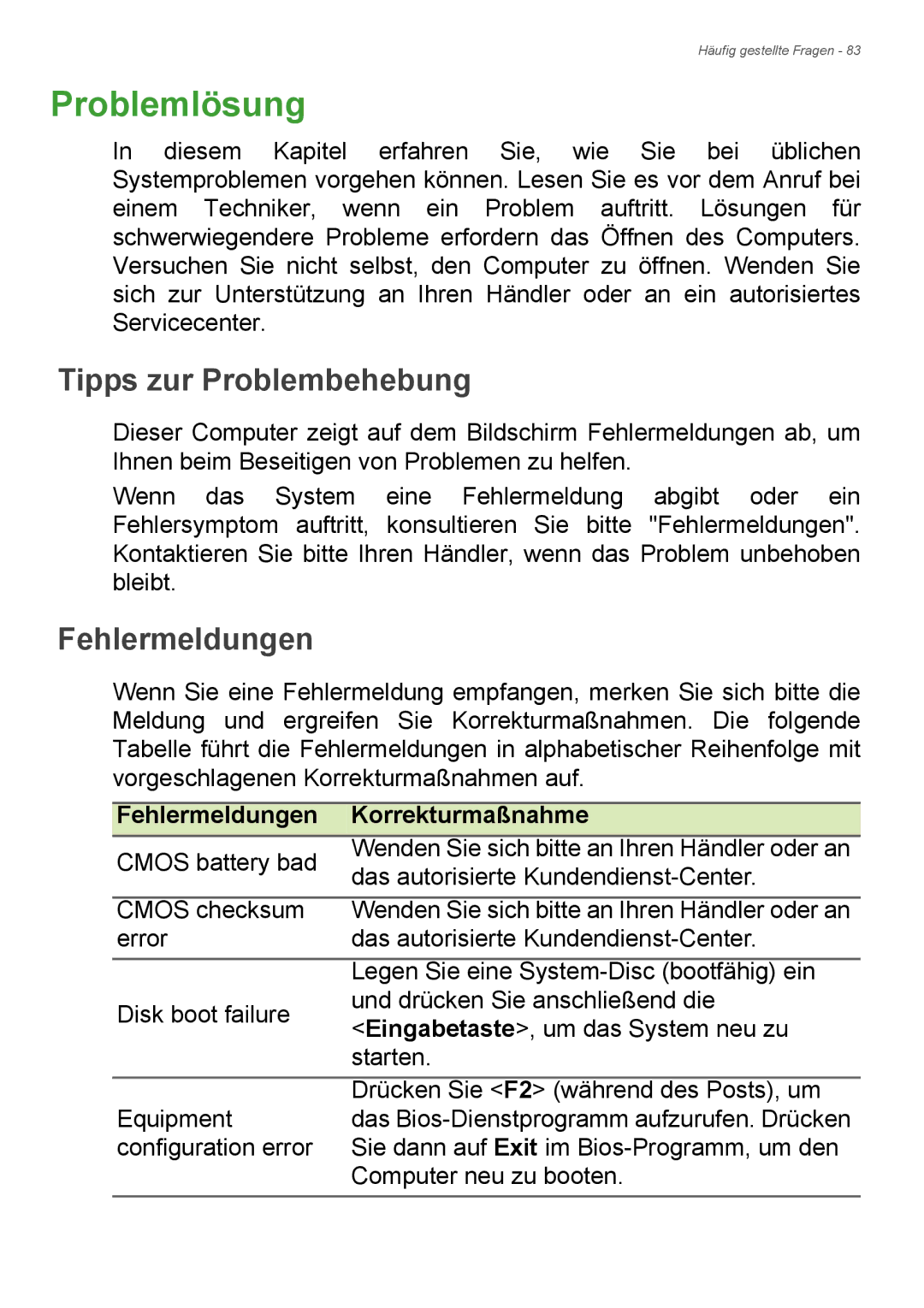 Acer E1-772G, E1-732G manual Problemlösung, Tipps zur Problembehebung, Fehlermeldungen Korrekturmaßnahme 