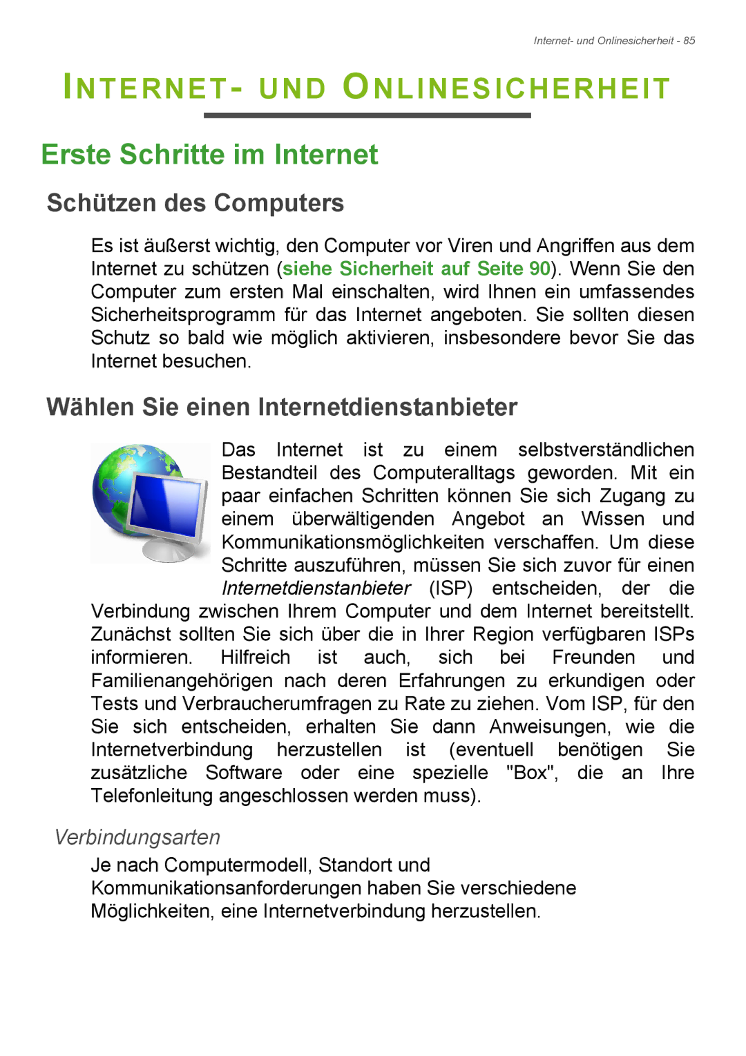 Acer E1-772G, E1-732 INTERNET- UND Onlinesicherheit, Erste Schritte im Internet, Schützen des Computers, Verbindungsarten 