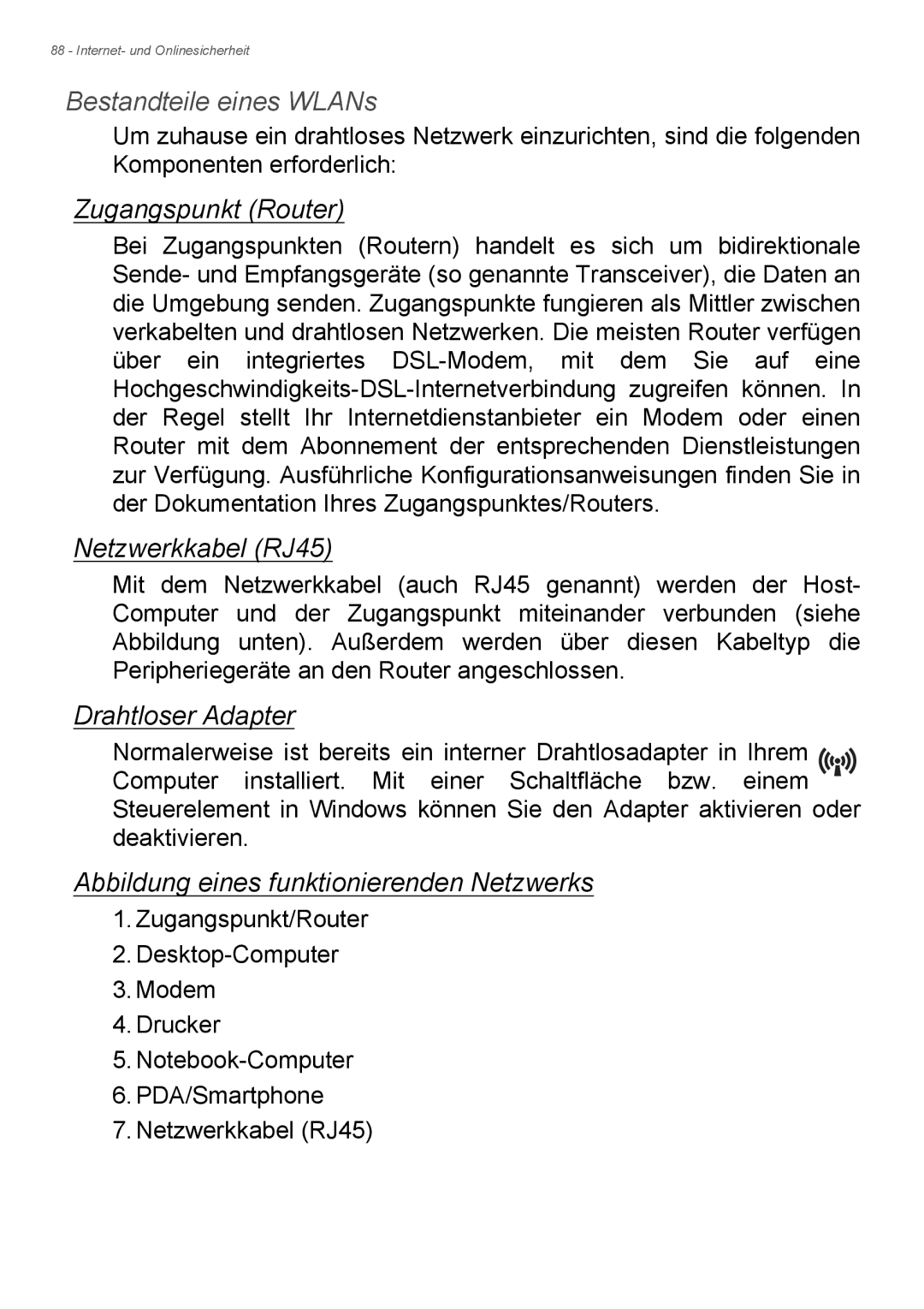 Acer E1-772G, E1-732G manual Bestandteile eines WLANs, Zugangspunkt Router, Netzwerkkabel RJ45, Drahtloser Adapter 