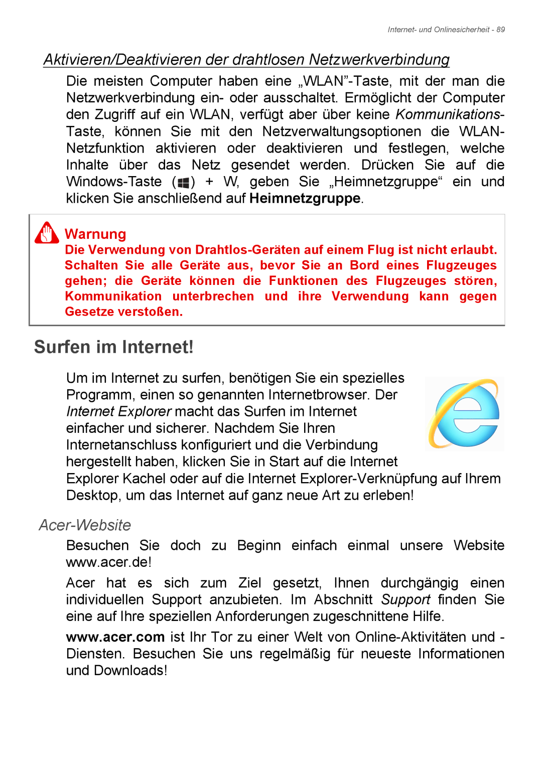 Acer E1-772G, E1-732G manual Surfen im Internet, Aktivieren/Deaktivieren der drahtlosen Netzwerkverbindung, Acer-Website 