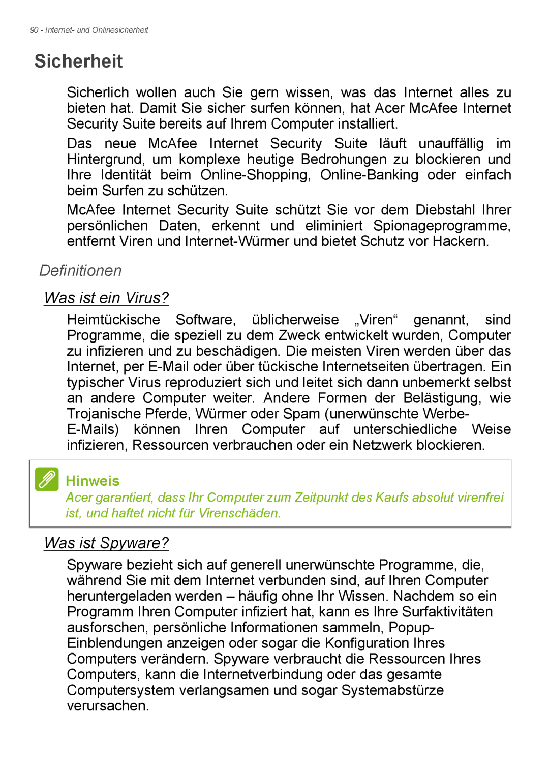 Acer E1-732G, E1-772G manual Sicherheit, Definitionen, Was ist ein Virus?, Was ist Spyware? 