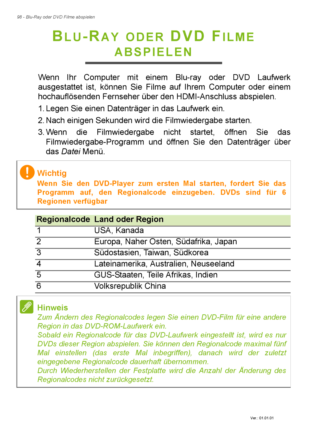 Acer E1-732G, E1-772G manual BLU-RAY Oder DVD Filme Abspielen, Regionalcode Land oder Region 