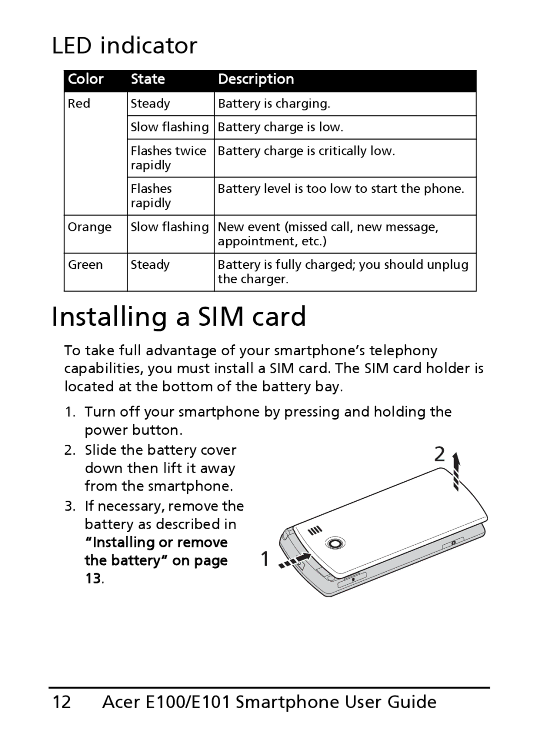 Acer E100, E101 manual Installing a SIM card, LED indicator, Installing or remove Battery on page 1 