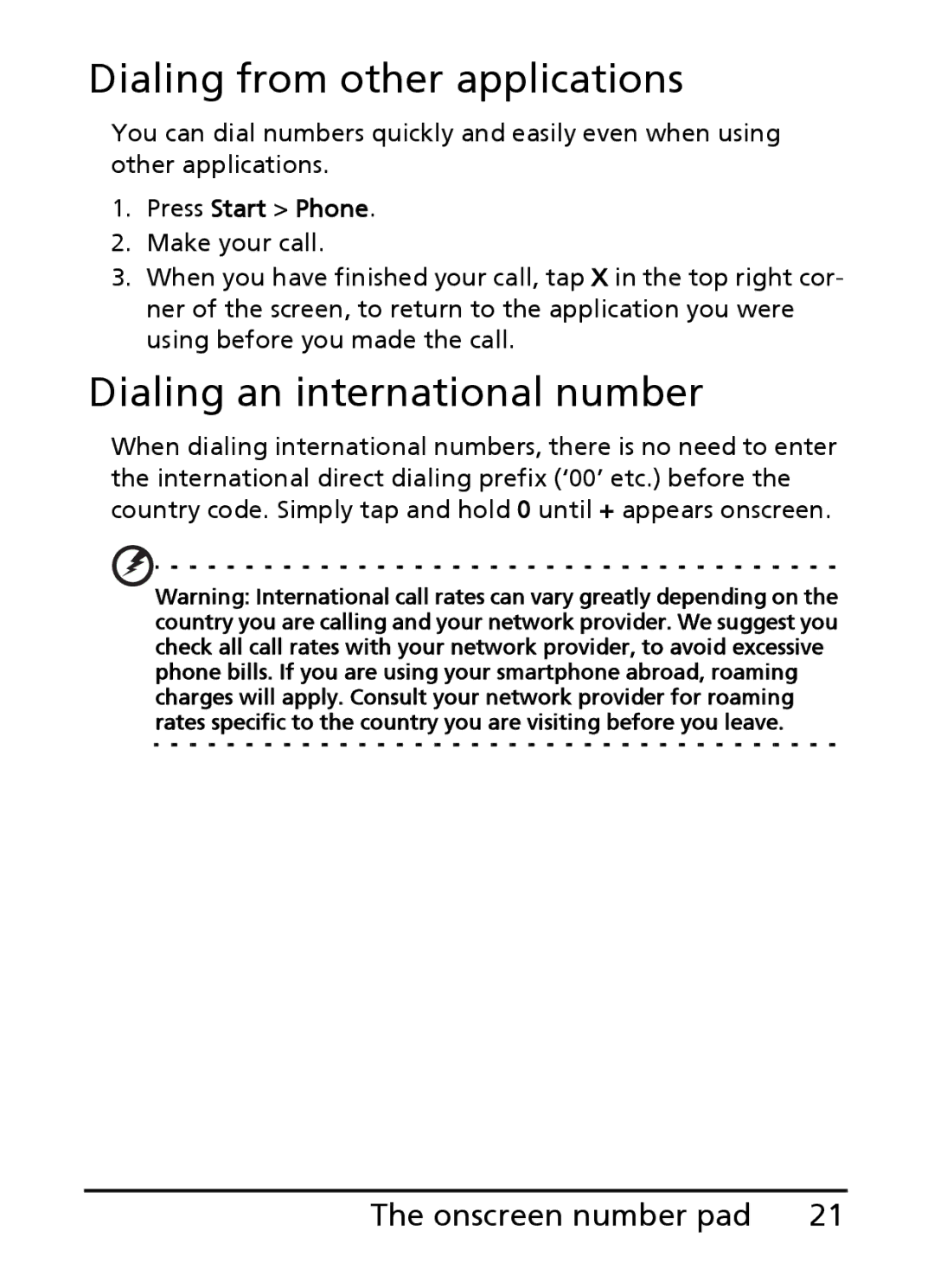 Acer E101, E100 Dialing from other applications, Dialing an international number, Onscreen number pad, Press Start Phone 