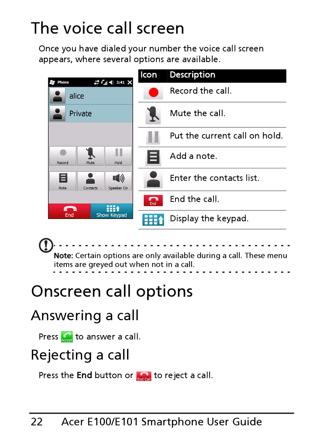 Acer E100, E101 manual Voice call screen, Onscreen call options, Answering a call, Rejecting a call 